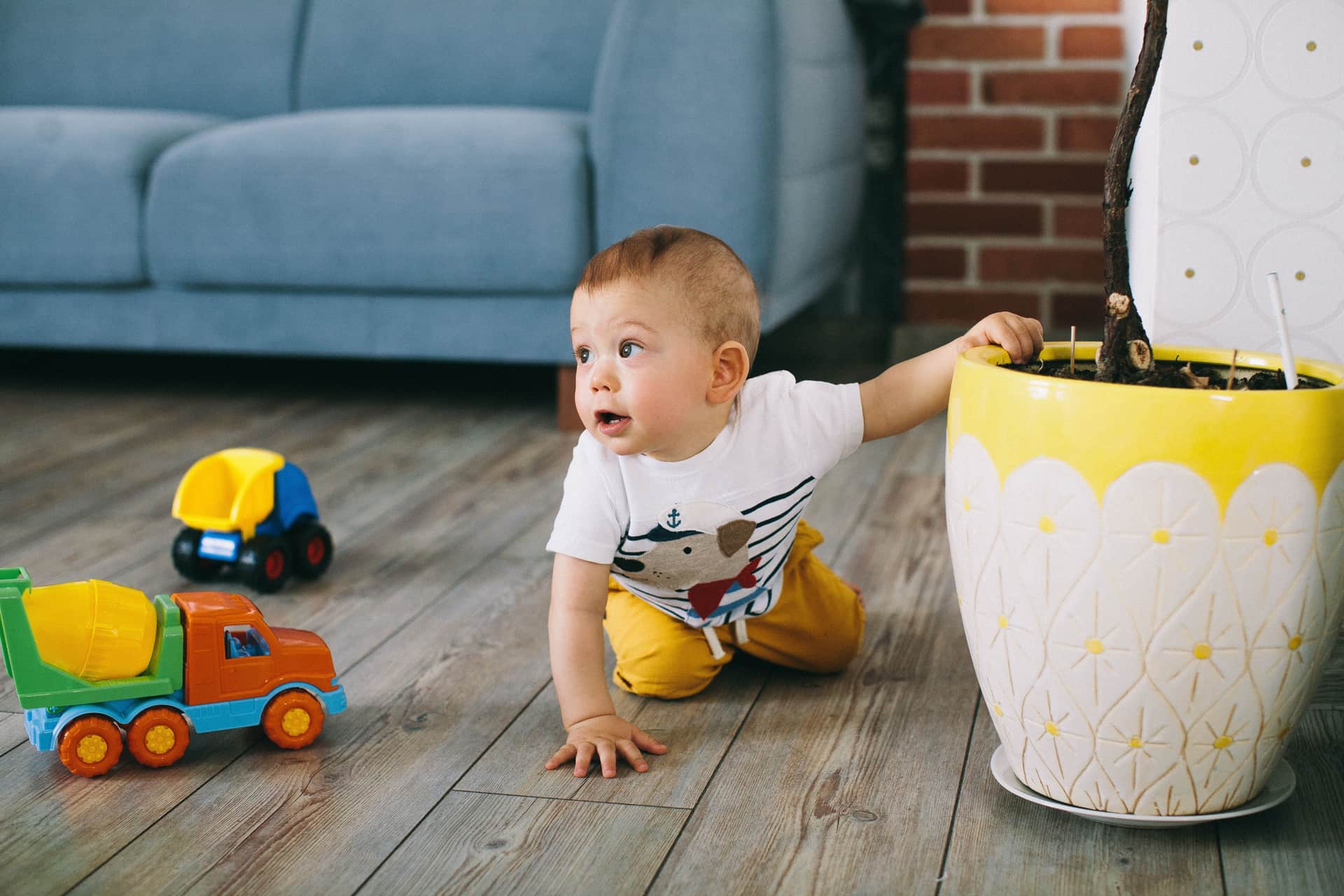 A baby on the floor reaching toward a wall outlet